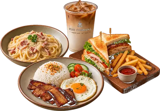 Bacsilog with garlic rice and a fried egg, creamy carbonara, clubhouse sandwich with fries and an iced latte